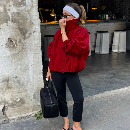 Veste Rouge Décontractée À Col Roulé, Coupe Ample, À Boutons, Longue Et Coupe-Vent, Séchage Rapide, Couleur Unie.