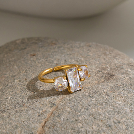 Bagues En Acier Inoxydable Étanches Avec Zircon De Forme Géométrique Et Pierre Précieuse Couleur Or