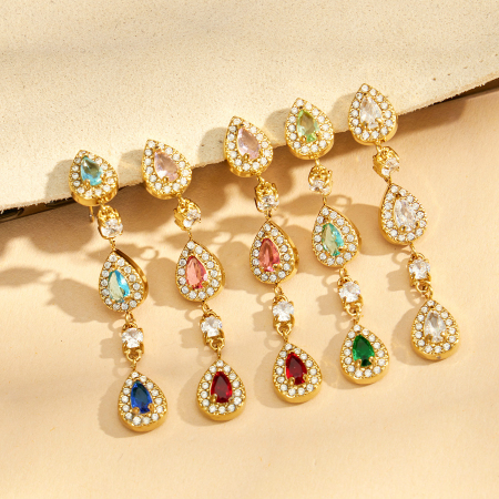Boucles D'Oreilles Pendantes Pour Femme, En Acier Inoxydable Doré, Ornées De Zircon Et De Pierres De La Série Luxueuse Droplet