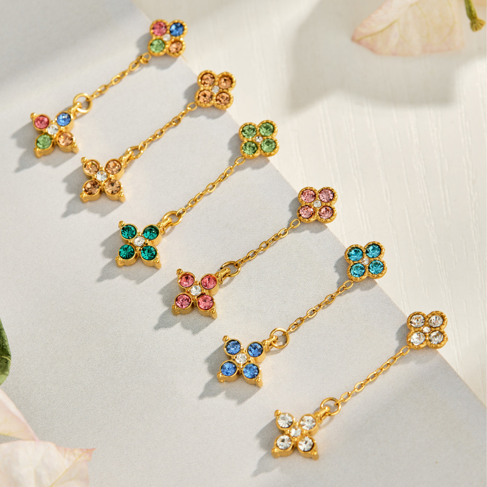 Boucles D'Oreilles Pendantes Pour Femme, Élégantes Et Romantiques, En Acier Inoxydable, Imperméables, Couleur Or, Avec Zircon. Motif Floral. Image4