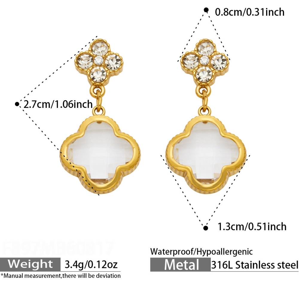 Boucles D'Oreilles Pendantes Pour Femme, Élégantes Et Raffinées, En Forme De Fleur De Verre, En Acier Inoxydable Étanche, Couleur Or Et Zircon. Collection Luxueuse 