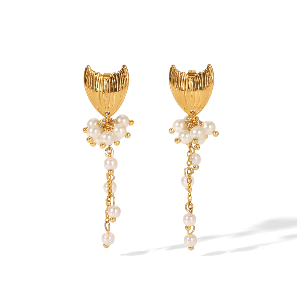 Boucles D'Oreilles Puces Pour Femmes, Modèle Simple Series Daily Tassel Fish, En Acier Inoxydable, Couleur Or, Imperméables, Avec Perles Artificielles.