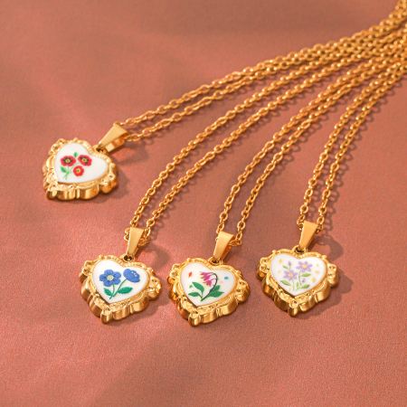 Colliers Pendentifs Pour Femmes En Acier Inoxydable, Couleur Or, Avec Pendentif En Forme De Cœur Et Fleur Émaillée, Étanche