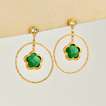 Boucles D'Oreilles Pendantes Pour Femme, Élégantes Et Raffinées, En Forme De Fleur De Verre, En Acier Inoxydable Étanche, Couleur Or Et Zircon. Collection Luxueuse. 2
