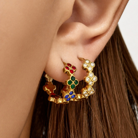 Boucles D'Oreilles Créoles Pour Femmes, Collection Romantique Sweet Flower, En Acier Inoxydable Étanche, Couleur Or, Avec Zircon.