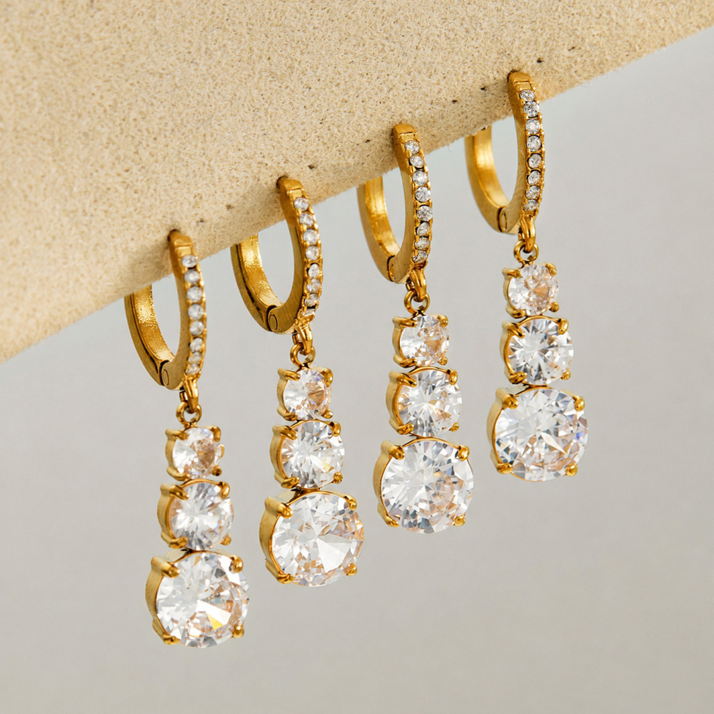 Boucles D'Oreilles Pendantes Pour Femmes, En Acier Inoxydable Étanche, Couleur Or, Ornées De Zircon, Collection Luxueuse Image2