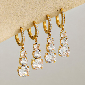 Boucles D'Oreilles Pendantes Pour Femmes, En Acier Inoxydable Étanche, Couleur Or, Ornées De Zircon, Collection Luxueuse h5 Image2