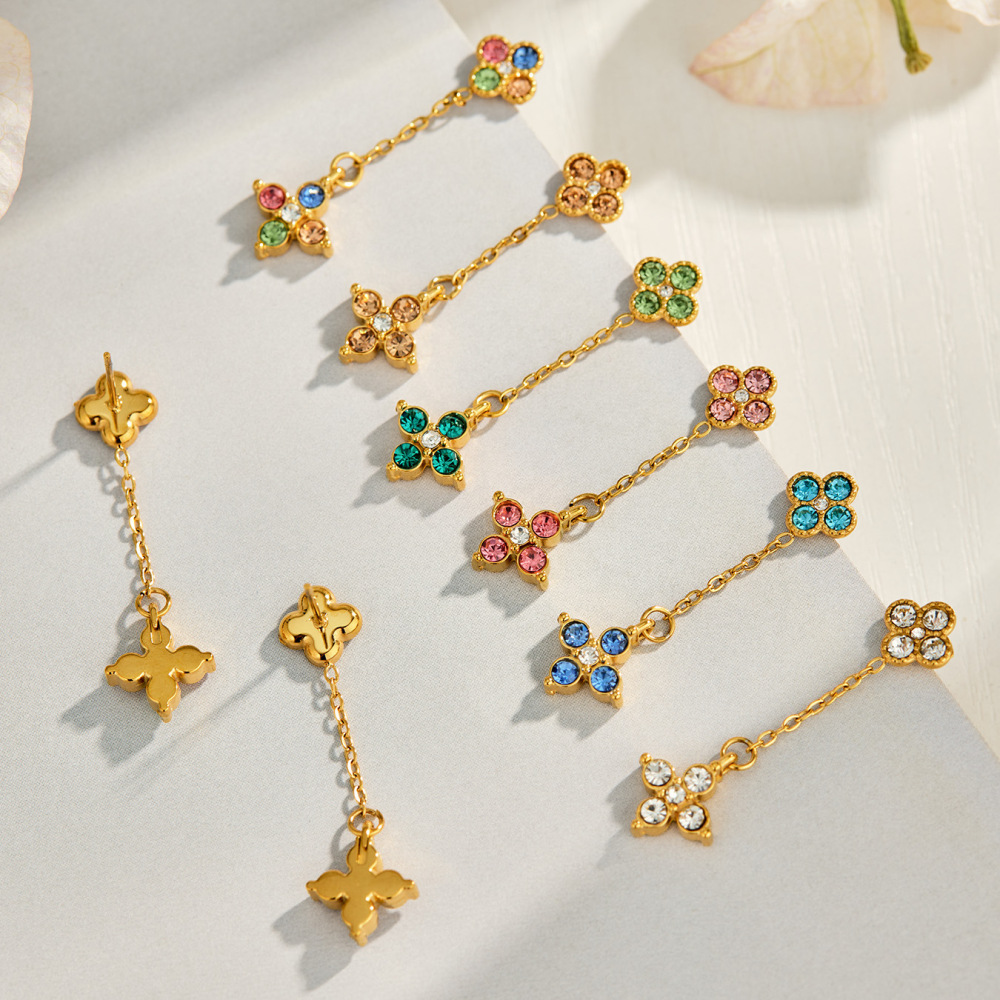 Boucles D'Oreilles Pendantes Pour Femme, Élégantes Et Romantiques, En Acier Inoxydable, Imperméables, Couleur Or, Avec Zircon. Motif Floral. Image3