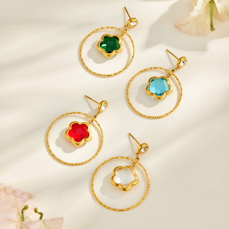 Boucles D'Oreilles Pendantes Pour Femme, Élégantes Et Raffinées, En Forme De Fleur De Verre, En Acier Inoxydable Étanche, Couleur Or Et Zircon. Collection Luxueuse.