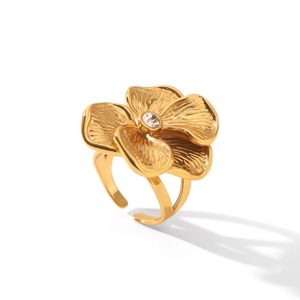 Bagues En Acier Inoxydable Étanches Couleur Or Avec Zircon, Motif Floral 