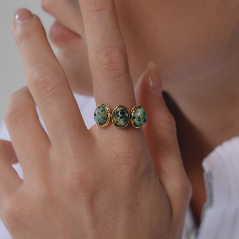 Bague Pour Femme En Acier Inoxydable Étanche Couleur Or, Forme Elliptique En Goutte, Sertie De Pierres Naturelles. Image4