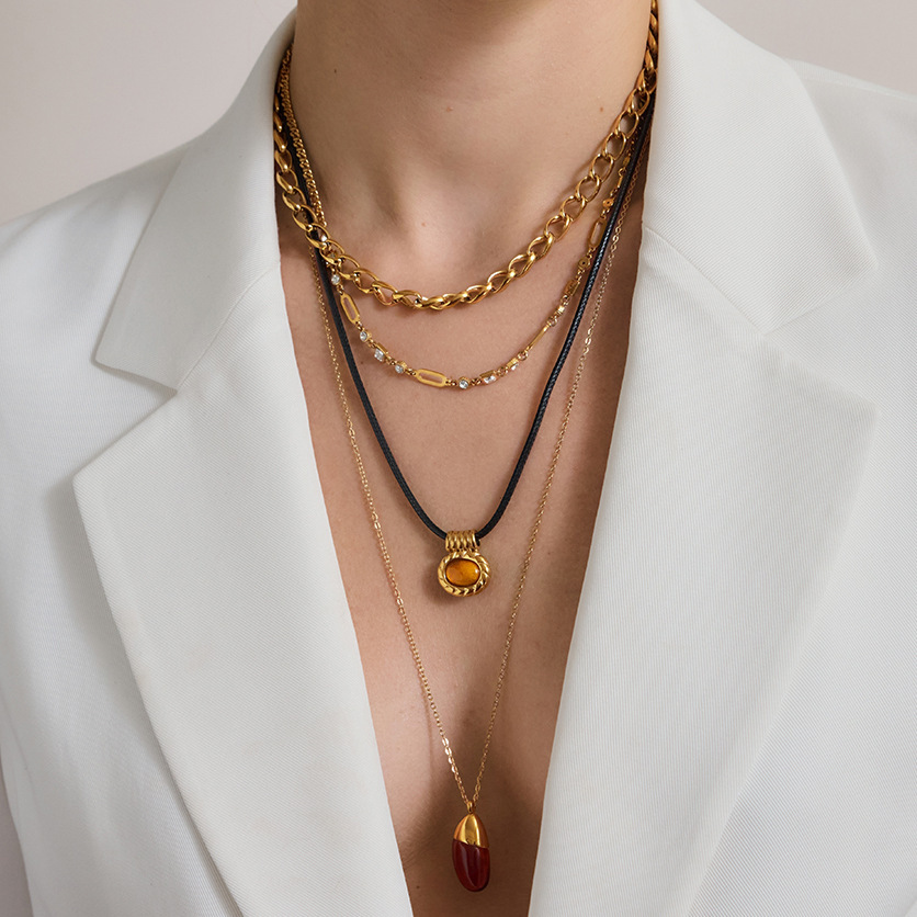 Colliers Pendentifs Pour Femmes, Collection Simple Series Retro Droplet, Dégradé De Couleurs, En Acier Inoxydable Étanche, Couleur Or h5Image3