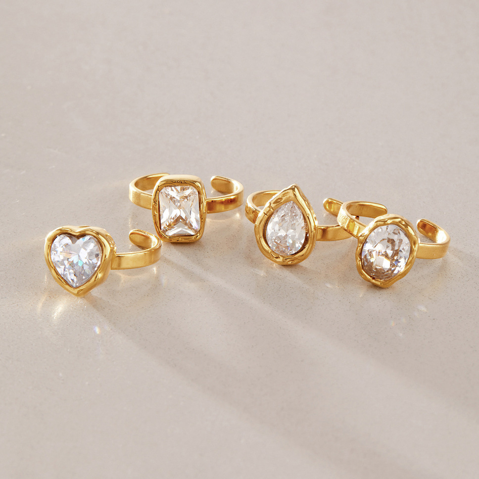 Bagues Pour Femmes En Acier Inoxydable Doré, Étanches, En Forme De Cœur Et De Forme Géométrique, Serties De Zircon Et Ornées De Pierres Précieuses. Collection Luxueuse. Image4