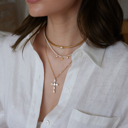 Colliers Pendentifs Pour Femmes En Acier Inoxydable, Perles En Forme De Croix, Zircon Couleur Or, Imperméables