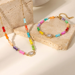 Ensembles De Bijoux Pour Femmes Simple Series Sweet Beads Rectangulaires En Acier Inoxydable Étanche Couleur Or h5 Image2