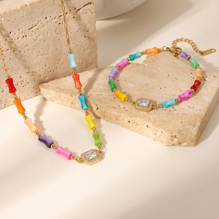 Ensembles De Bijoux Pour Femmes Simple Series Sweet Beads Rectangulaires En Acier Inoxydable Étanche Couleur Or 2