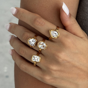 Bagues Pour Femmes En Acier Inoxydable Doré, Étanches, En Forme De Cœur Et De Forme Géométrique, Serties De Zircon Et Ornées De Pierres Précieuses. Collection Luxueuse. h5 Image3