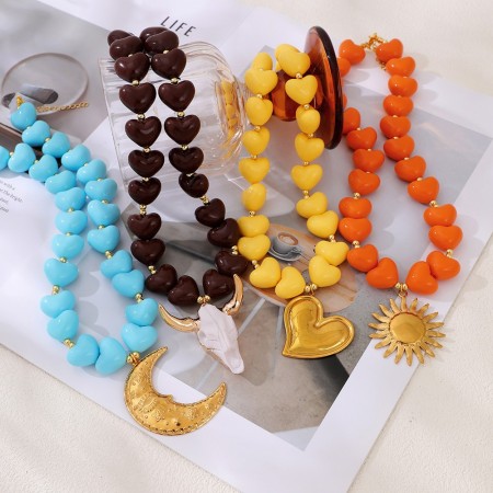Colliers De Perles Rétro En Résine Couleur Or Pour Femmes, Collection Simple Series, Motif Cœur 2