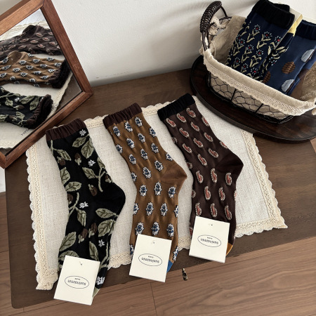 Chaussettes Mi-Mollet Pour Femmes À Motif Cachemire Rétro, Pois Et Petites Fleurs.