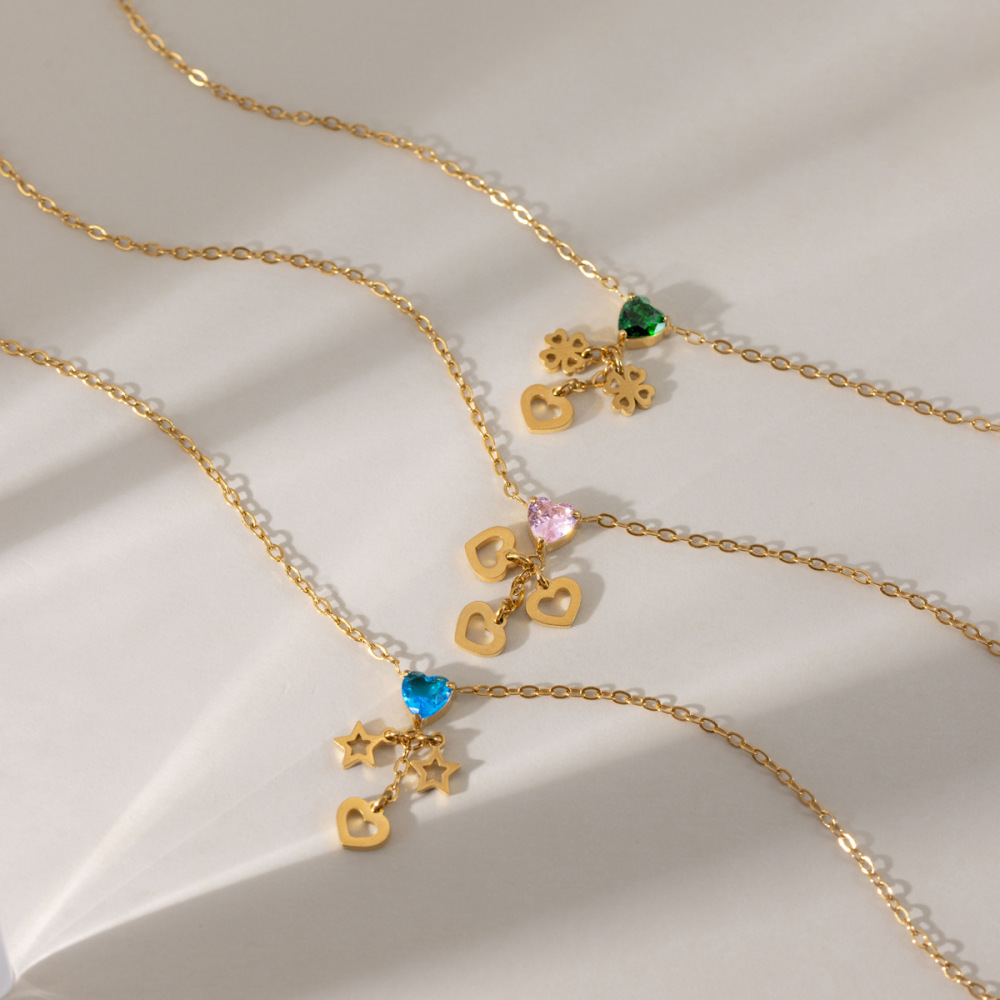 Colliers Pendentifs Pour Femmes, Collection Romantique, En Forme De Cœur Et De Trèfle, En Acier Inoxydable Étanche, Couleur Or Image3