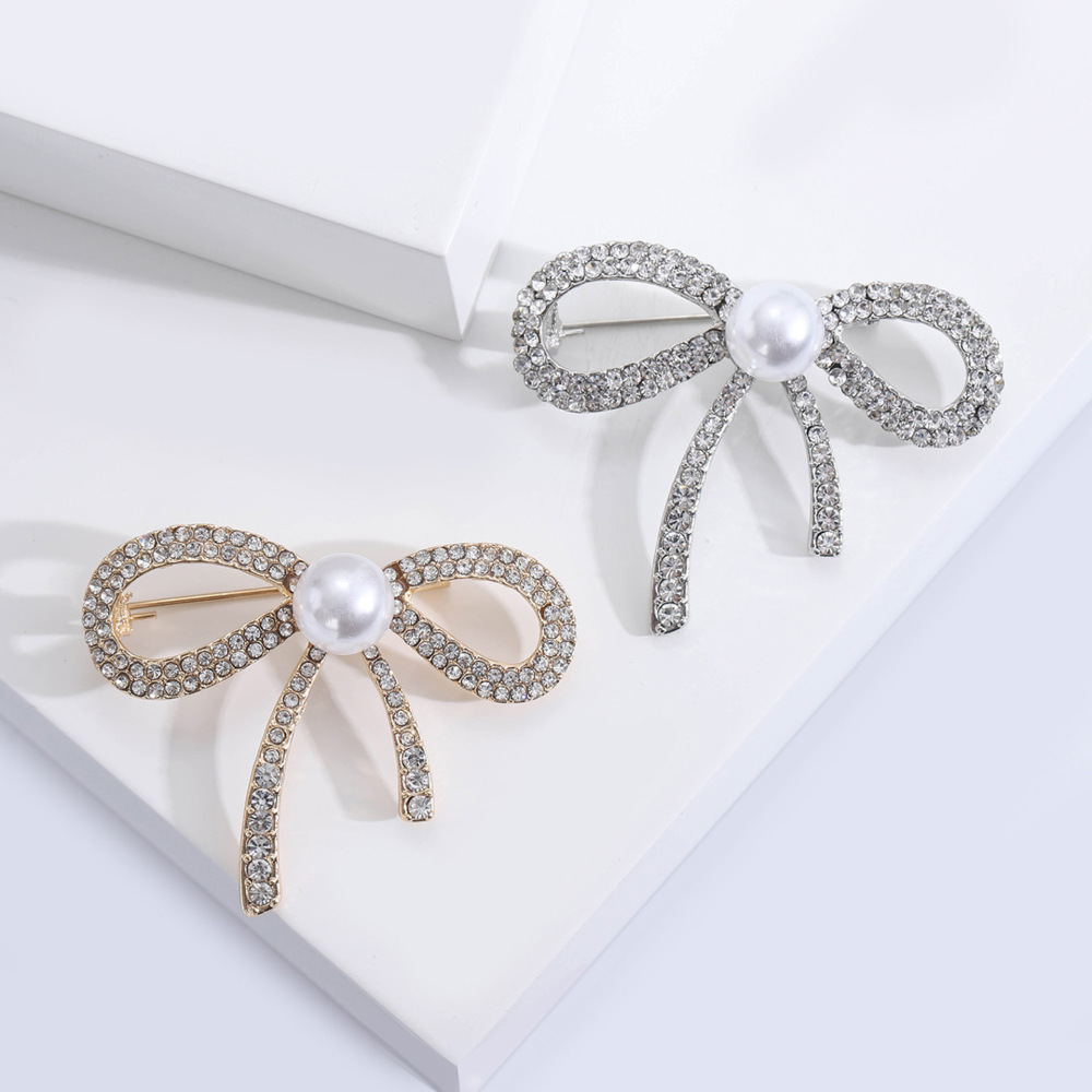 Broches Luxueuses En Métal, Strass Et Perles Artificielles, Ornées D'Un Nœud Papillon Et De Perles Douces Image2