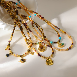 Colliers De Perles Ethniques Rétro Pour Femmes, Ornés D'Étoiles Et De Lunes, En Strass Doré Et Pierres Naturelles. h5 Image3