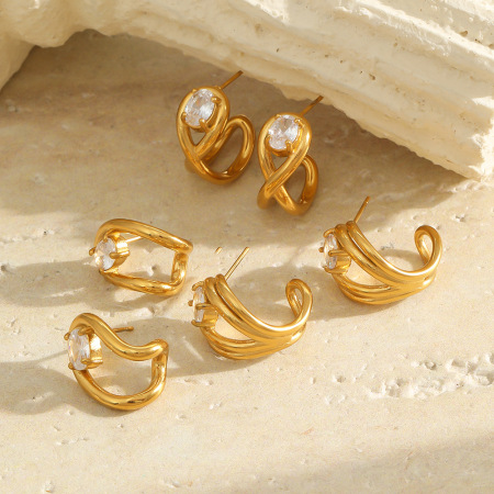 Boucles D'Oreilles Puces Pour Femmes En Acier Inoxydable De Forme Irrégulière, Étanches, Couleur Or Et Zircon. 2