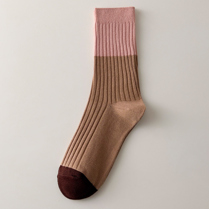 Chaussettes Mi-Mollet À Rayures Basiques Et Contraste De Couleurs Pour Femmes, Légèrement Rebondissantes 