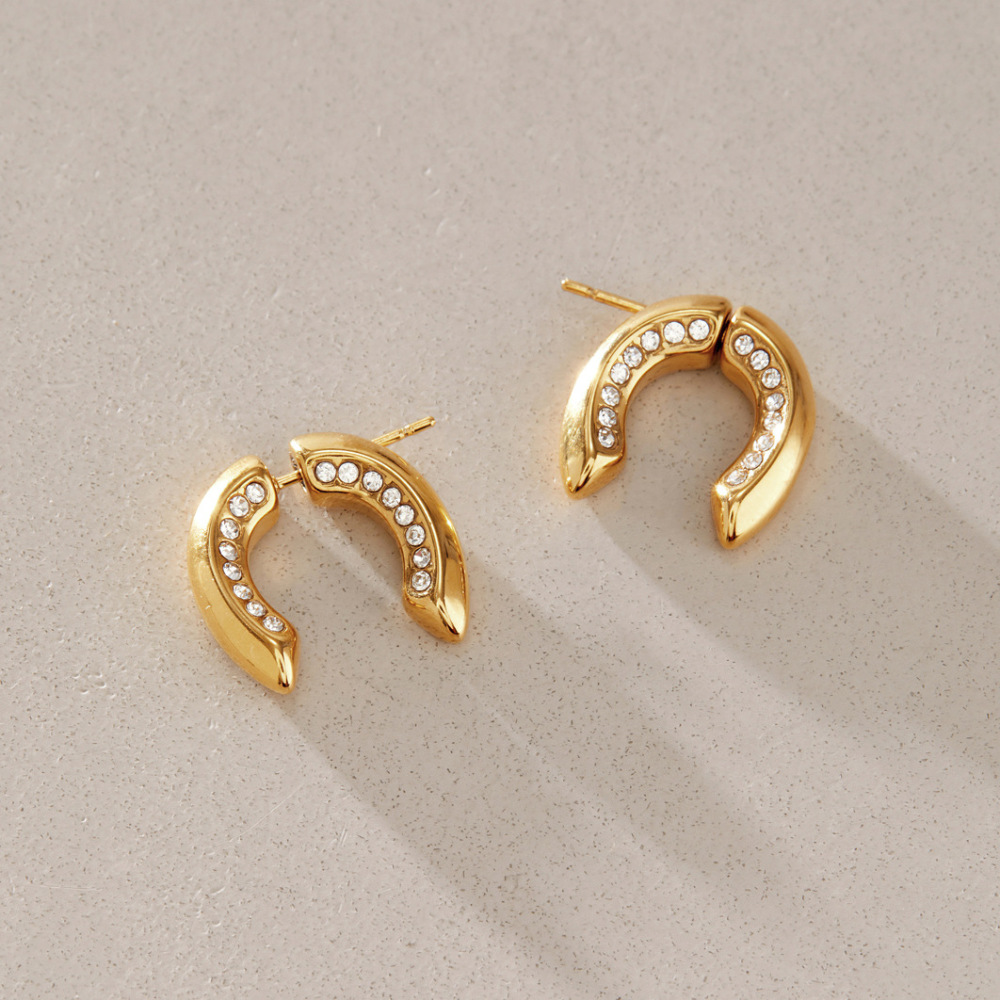Boucles D'Oreilles Puces Pour Femmes Simple Series Daily Circle En Acier Inoxydable Étanche Couleur Or Avec Zircon Image3