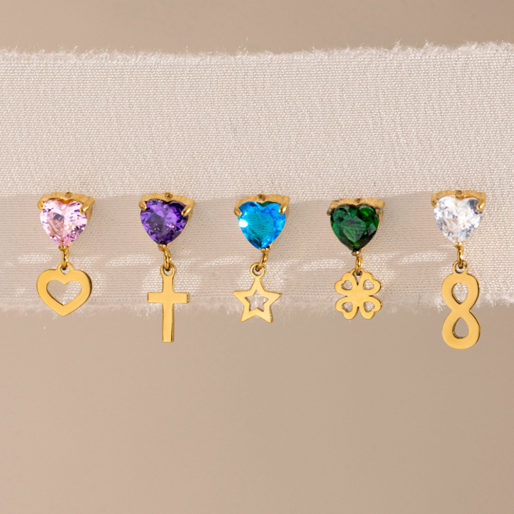 Boucles D'Oreilles Pendantes Pour Femme, Style Trèfle, En Acier Inoxydable, Couleur Or, Avec Zircon Et Croix, Collection Simple Series Cute. Image2