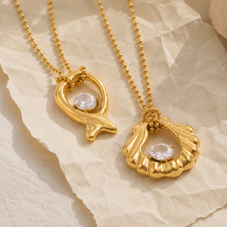 Colliers Pendentifs Pour Femmes En Acier Inoxydable Étanche, En Forme De Coquillage, Couleur Or Et Zircon 2