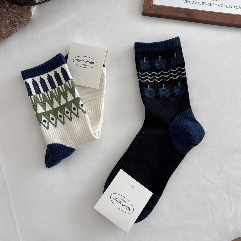 Chaussettes Mi-Mollet Pour Femmes, Style Ethnique, Imprimé Floral, Couleurs Contrastées, Légèrement Rebondissantes Image2