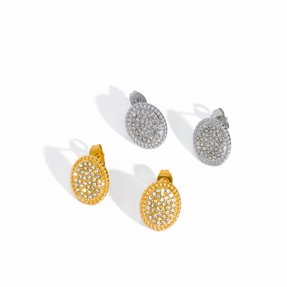 Boucles D'Oreilles Puces Pour Femmes, En Acier Inoxydable Imperméable, Forme Elliptique, Couleur Or, Ornées De Strass. Image3