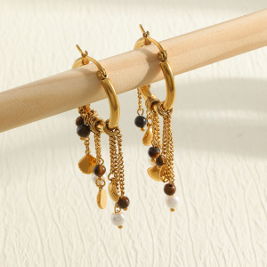 Boucles D'Oreilles Pendantes Retrotassel En Acier Inoxydable Étanche Et Pierre Naturelle Pour Femmes h5 Image2