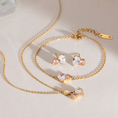 Ensembles De Colliers Pour Femmes En Acier Inoxydable Imperméable Avec Pendentif Cœur En Goutte Et Zircon Doré