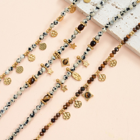 Bracelets Pour Femmes En Perles, Motif Étoile Martelée Rétro, Acier Inoxydable, Couleur Or, Imperméables, Avec Pierres Naturelles. 2