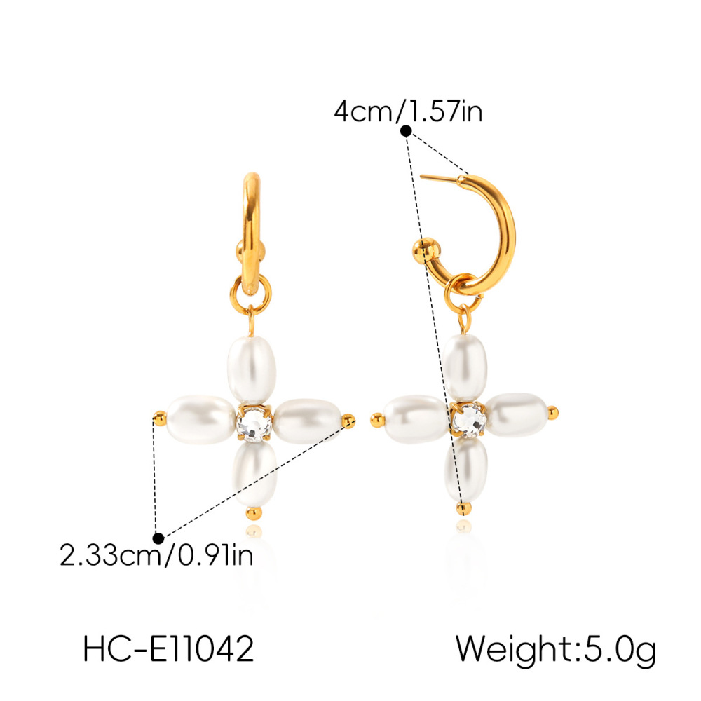 Boucles D'Oreilles Pendantes Pour Femme En Acier Inoxydable Doré, Ornées De Zircon Et De Perles, Avec Fleur. h5Image2