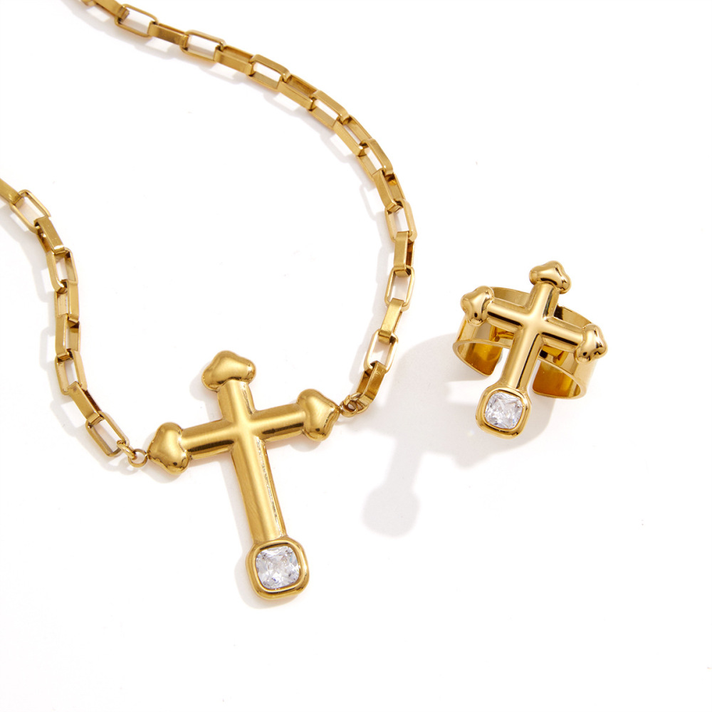 Ensembles De Bijoux Pour Femmes Simple Series Retro Cross En Acier Inoxydable Étanche Couleur Or Et Zircon Image5