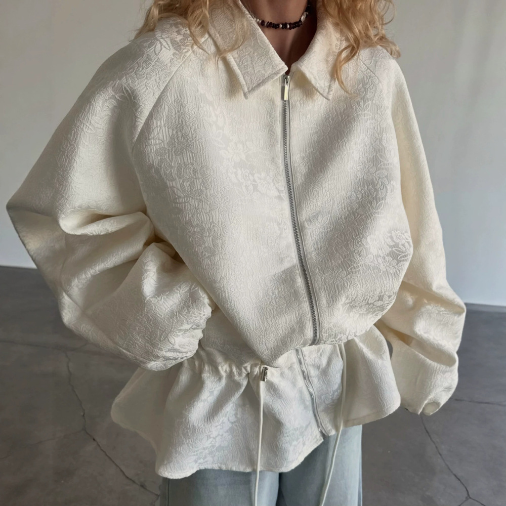 Manteau Court Uni En Jacquard Exquis, Ceinture À Nouer, Couleur Unie