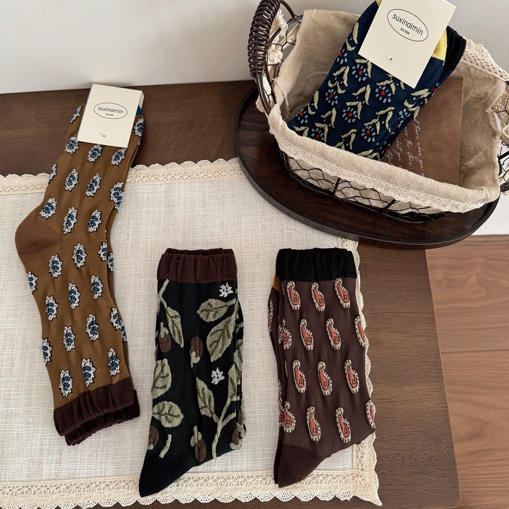 Chaussettes Mi-Mollet Pour Femmes À Motif Cachemire Rétro, Pois Et Petites Fleurs. Image2