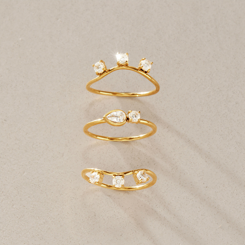 Ensembles De Bagues Simple Series Elegant Drople Forme Irrégulière Acier Inoxydable Étanche Couleur Or Zircon Image4