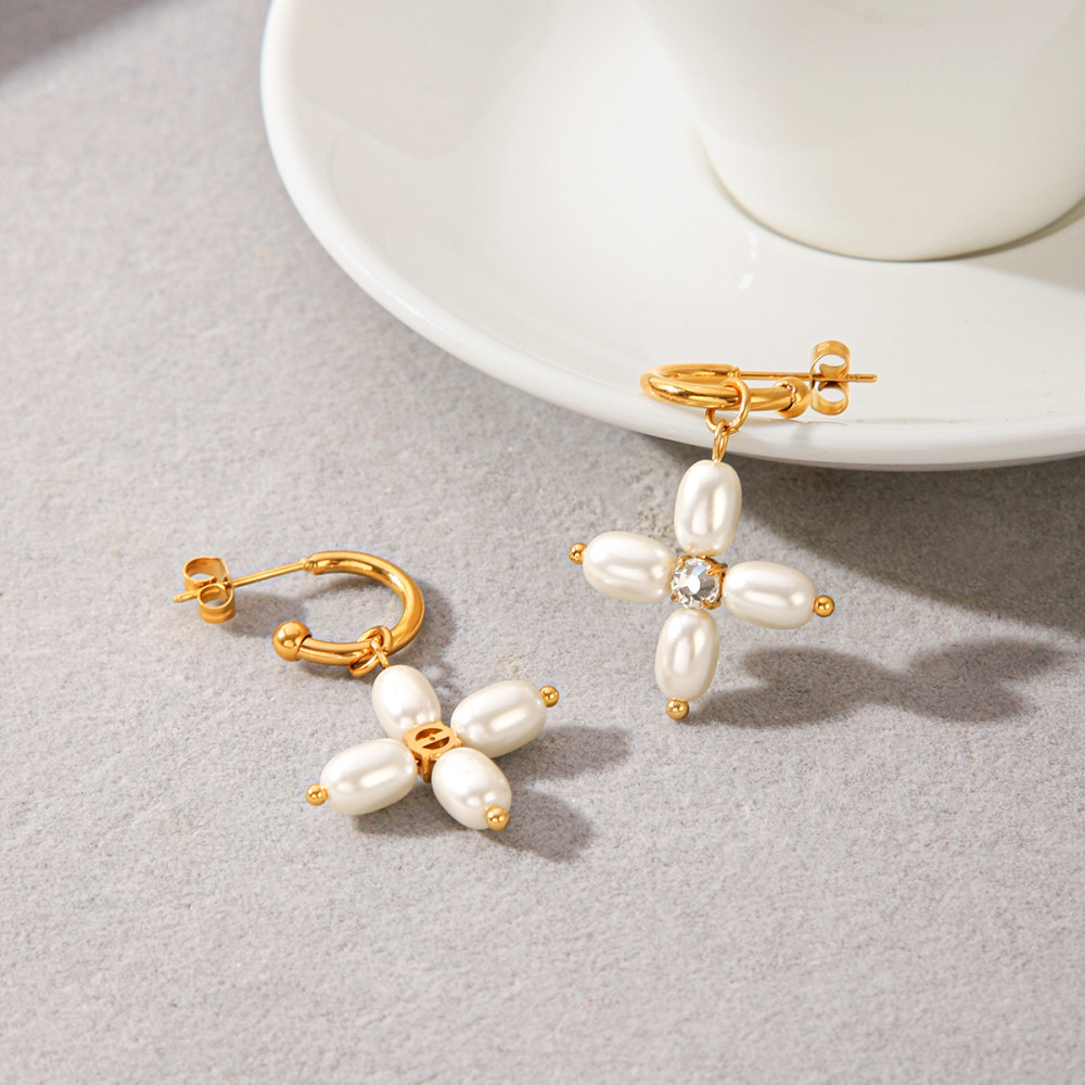 Boucles D'Oreilles Pendantes Pour Femme En Acier Inoxydable Doré, Ornées De Zircon Et De Perles, Avec Fleur. h5Image3