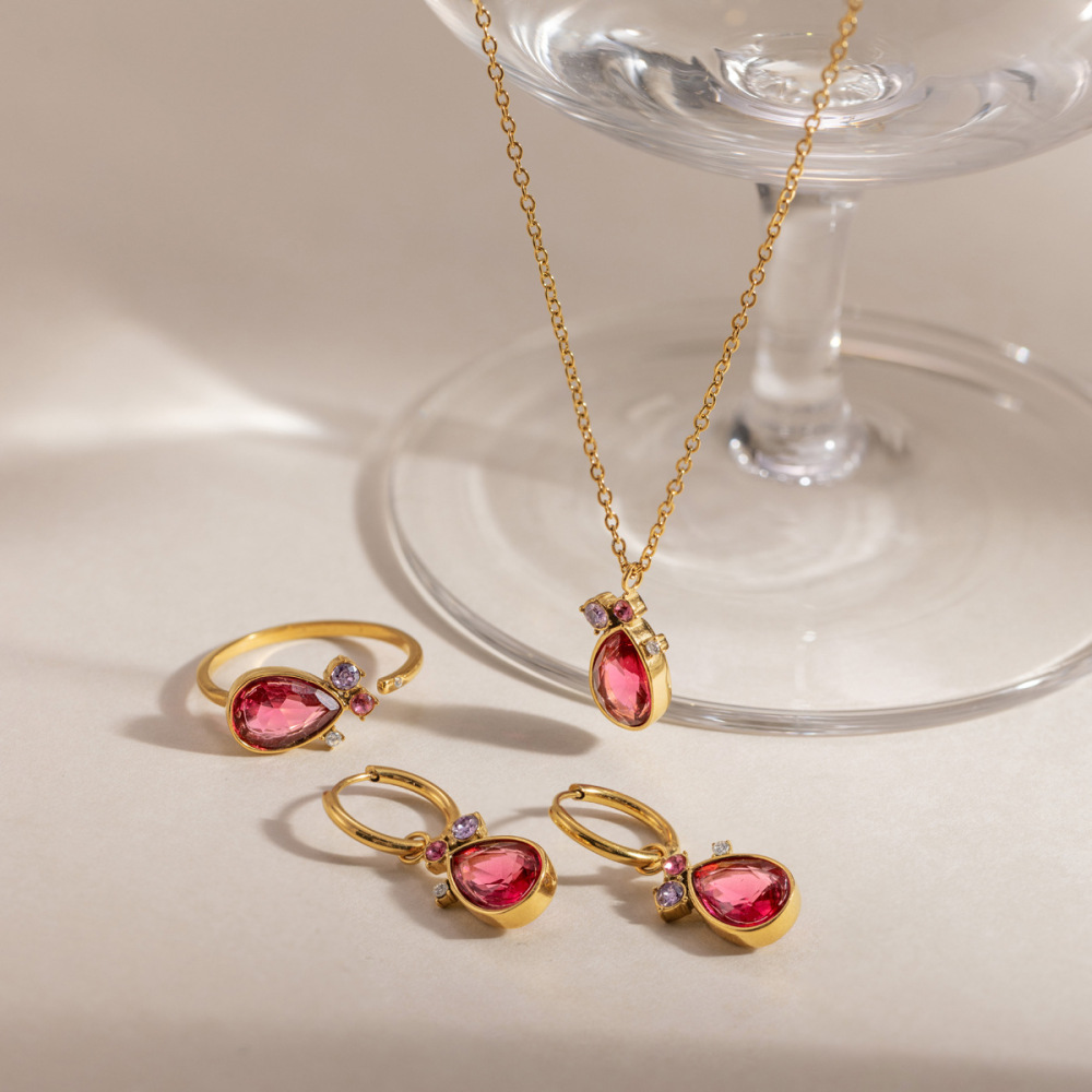 Ensembles De Colliers Pour Femmes En Acier Inoxydable, Étanches, Couleur Or Et Zircon, Avec Gouttelettes Image3