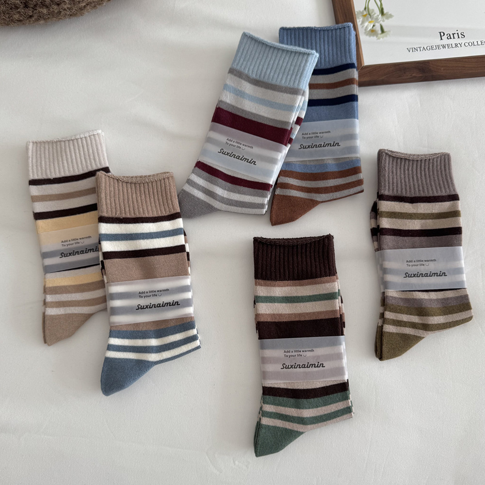Chaussettes Mi-Mollet À Rayures Basiques Et Contraste De Couleurs Pour Femmes, Légèrement Rebondissantes Image3