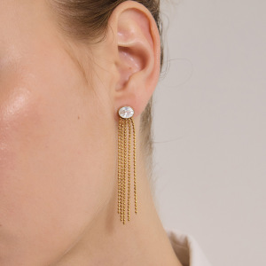 Boucles D'Oreilles Pendantes Élégantes Pour Femmes, En Acier Inoxydable Imperméable, Couleur Or, Avec Pompon Et Zircon. h5 Image4