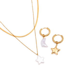 Boucles D'Oreilles Pendantes Pour Femme, Élégantes, En Acier Inoxydable, Couleur Or, Motif Étoile Et Lune, Collection Simple Series. h5 Image4