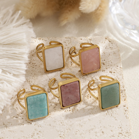 Bagues Pour Femmes En Acier Inoxydable Rectangulaire Simple, Étanches, Couleur Or, Serties De Pierres Naturelles.