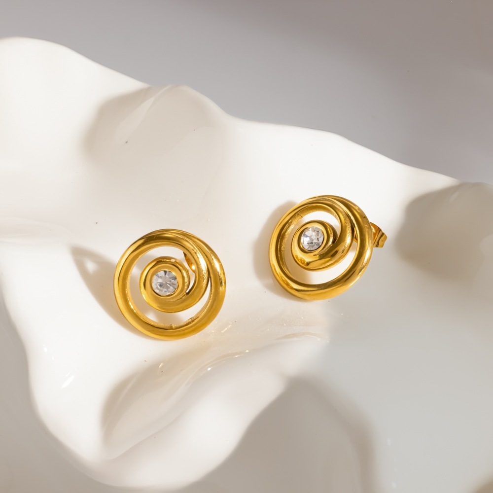 Boucles D'Oreilles Puces Pour Femmes, Forme Géométrique, En Acier Inoxydable, Étanches, Couleur Or, Ornées De Strass. Image2