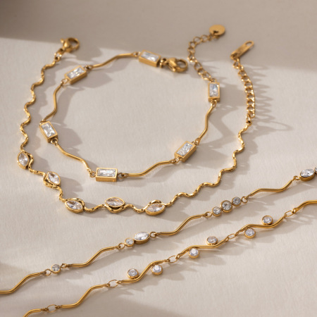 Bracelet Chaîne Femme En Acier Inoxydable Imperméable, Forme Ondulée, Couleur Or, Zircon. 2