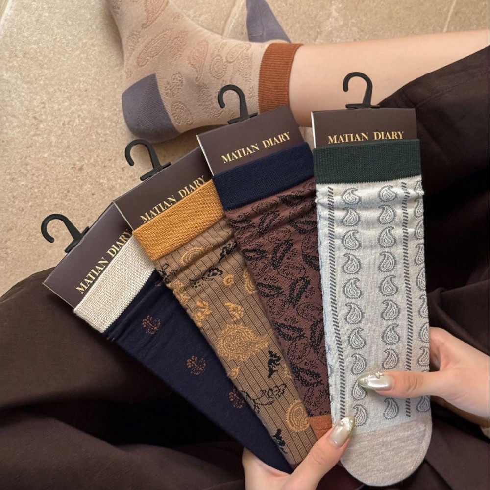 Chaussettes Mi-Mollet Pour Femmes, Imprimé Floral Ethnique, Motif Cachemire, Couleurs Contrastées h5Image6